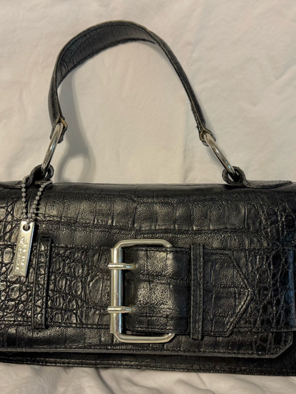 TOSCA BLU Italian Leather Black Croc-Embossed Bag with Silver Buckle